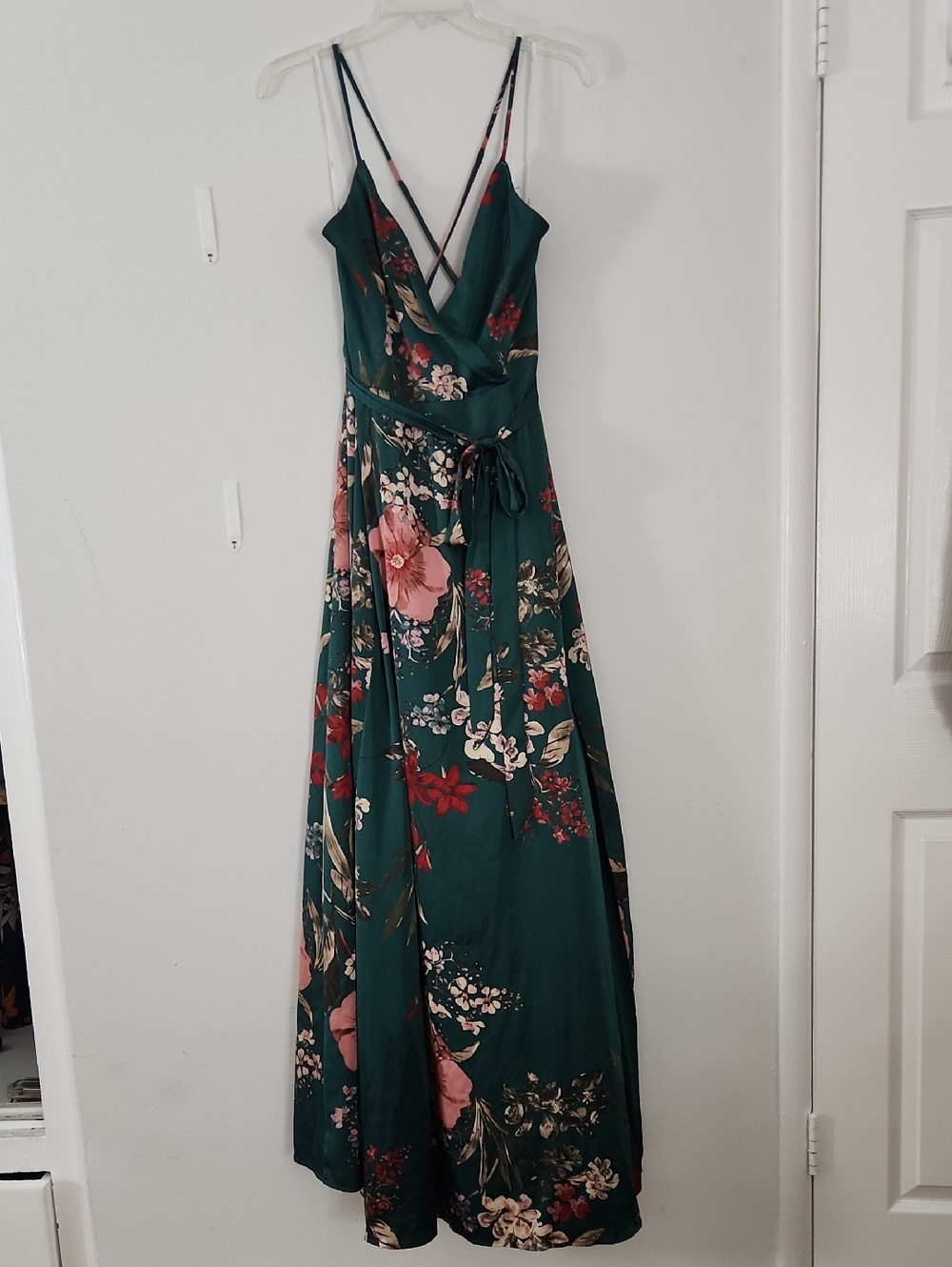 Lulu's Emerald Green Floral Wrap Maxi Dress with Pink & Red Accents
